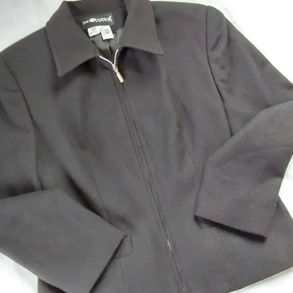 SAG HARBOR Women's‎ Black  Zip Jacket Dress Coat 100% Pure Wool, Size 4 Petite - Picture 2 of 7